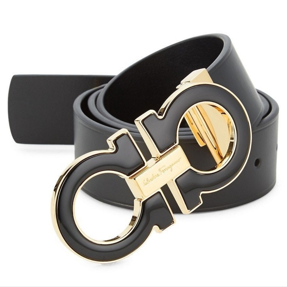 Salvatore Ferragamo Unisex Black Leather Belt with Gold Buckle Size 36